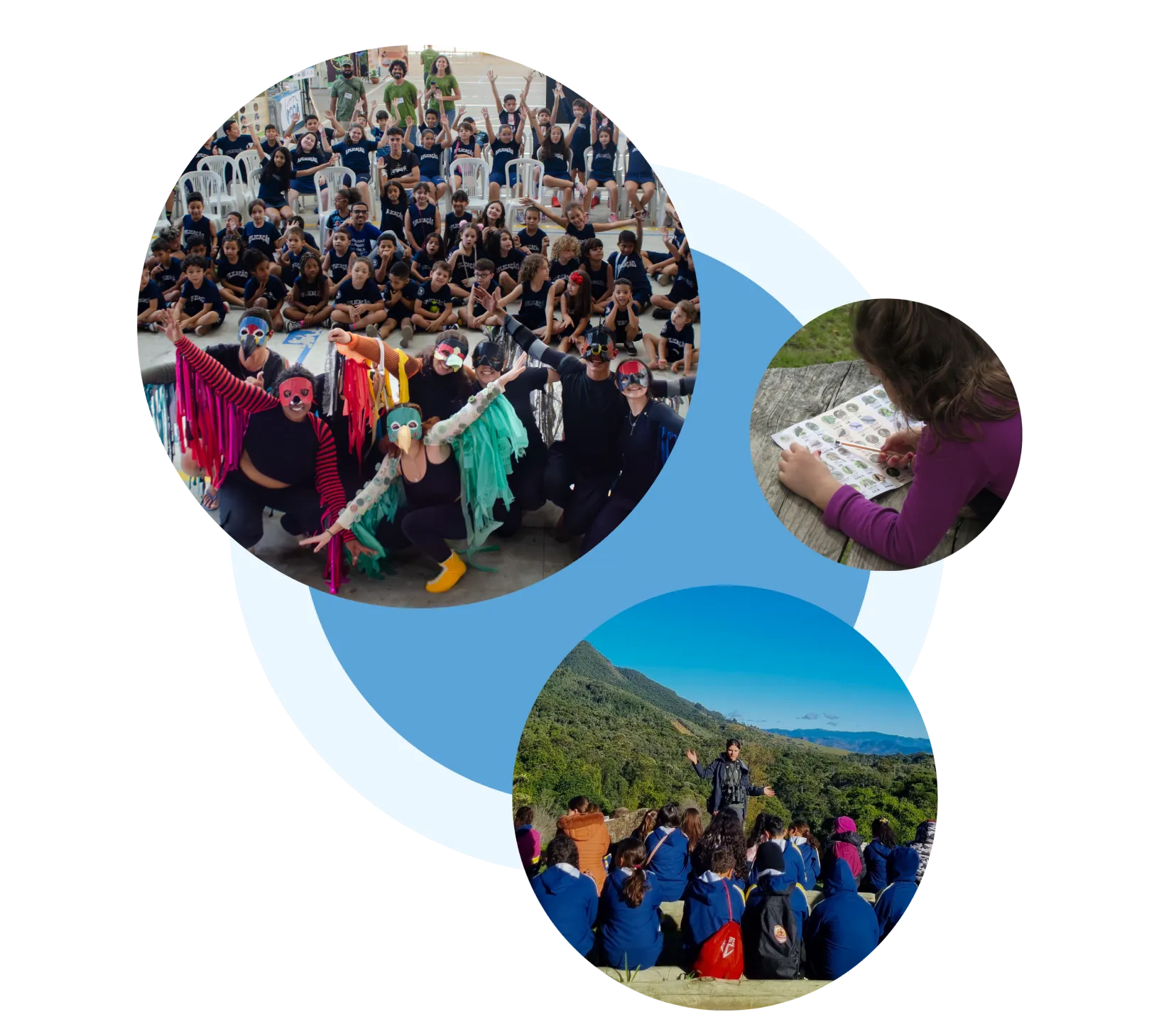 Colagem de fotos de comunicação científica: apresentação teatral para uma escola, criança colorindo material educativo e roda de conversa ao ar livre com estudantes