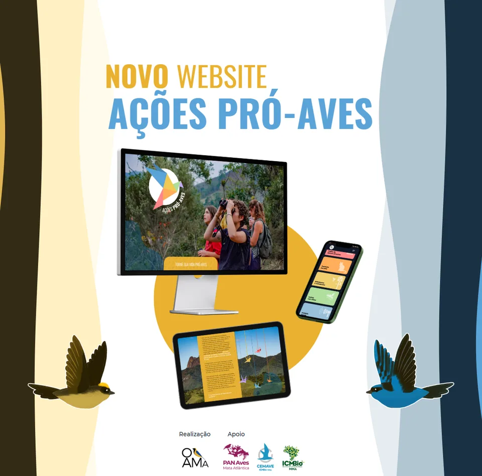 Arte de divulgação do novo website do programa Ações Pró-Aves, com o site em monitor, tablet e celular