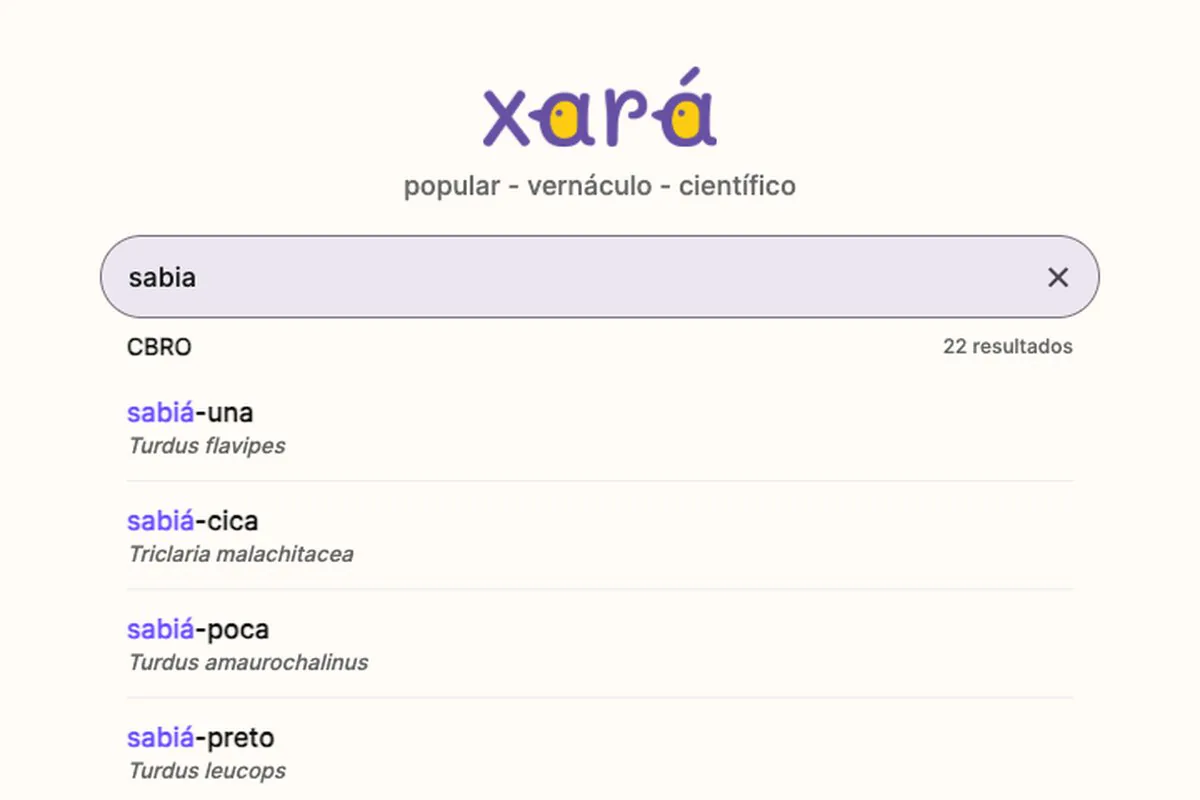 Busca do Xará mostrando nomes populares de sabiás e seus nomes científicos